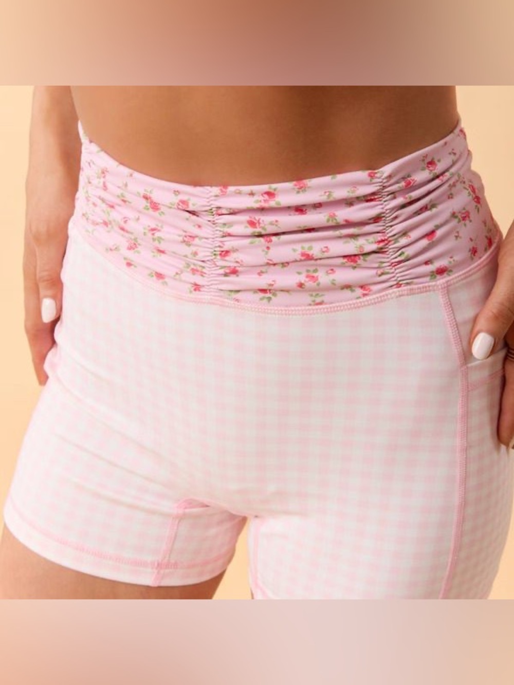Blogilates Women's Ruched Waist Bike Shorts, Pink Gingham - 1X